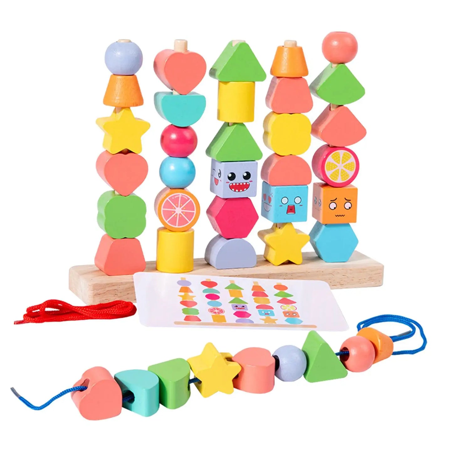 Close-up of wooden learning blocks & beads, featuring various shapes and colors for educational play.