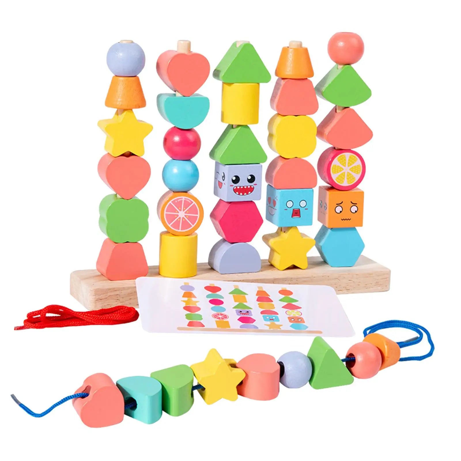 Close-up of wooden learning blocks & beads, featuring various shapes and colors for educational play.