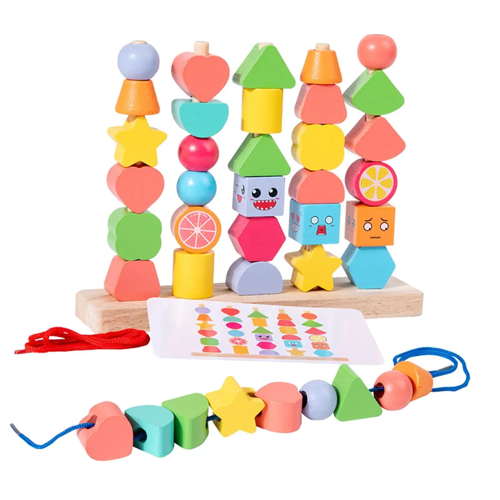Educational wooden beads and interlocking blocks puzzle, promoting shape recognition and cognitive skills.
