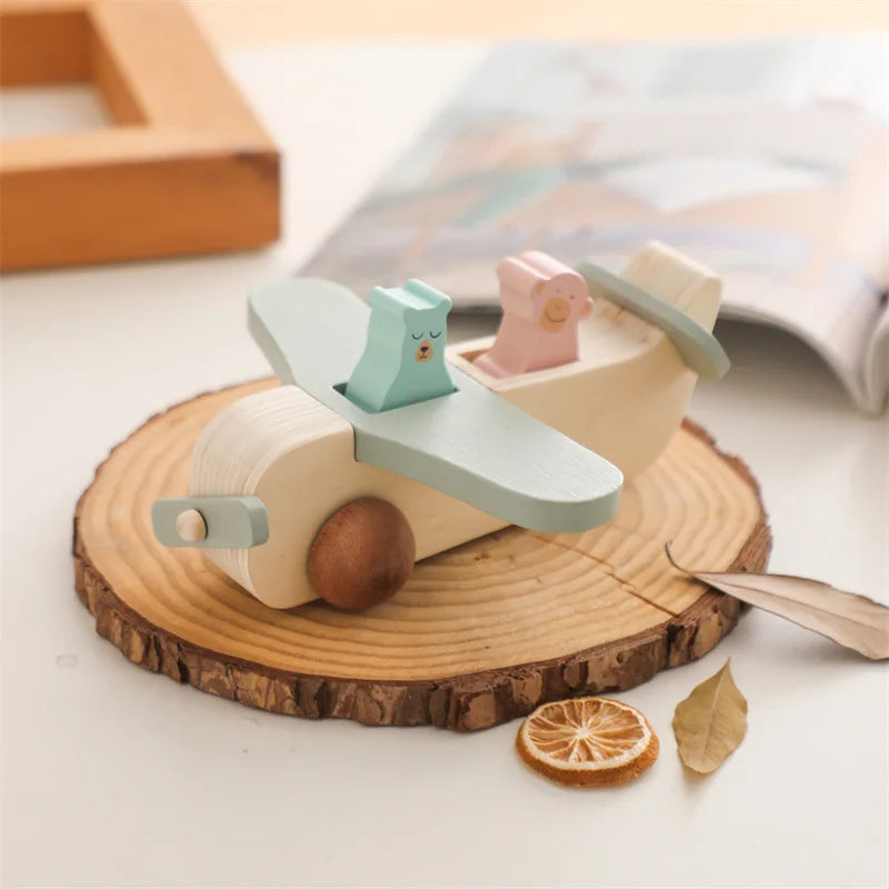 Unisex wooden Montessori airplane toy, natural finish, for kids' motor skills development