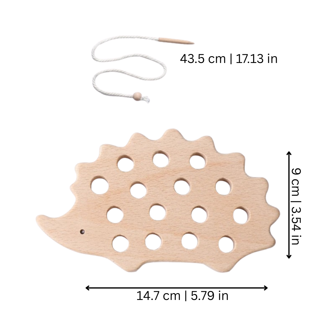 Montessori lacing toy featuring wooden block and string, designed to enhance hand-eye coordination for kids.
