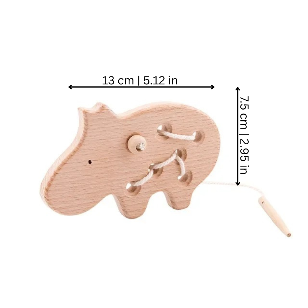 Educational wooden lacing toy for children, depicting a bright red apple, ideal for learning and play.