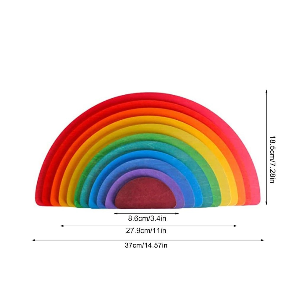 Complete set of wooden rainbow stacking blocks, a unisex educational toy for open-ended play.