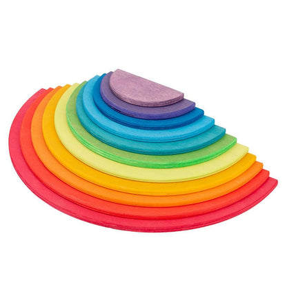 Wooden rainbow stacking toy with various disc sizes, fostering color recognition and problem-solving.
