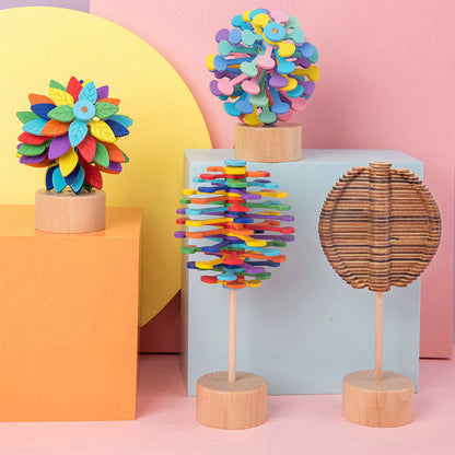Group of natural wooden rotating stress relievers, ideal for focus and sensory development