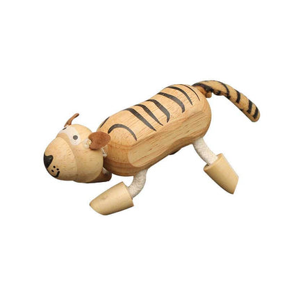 Various wooden safari animals displayed on a shelf, perfect educational decor and play items