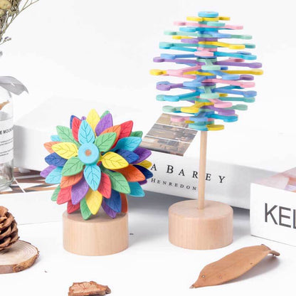 Close-up of a spinning stress relief lollipop toy, a unique wooden gadget for sensory play and office decor.