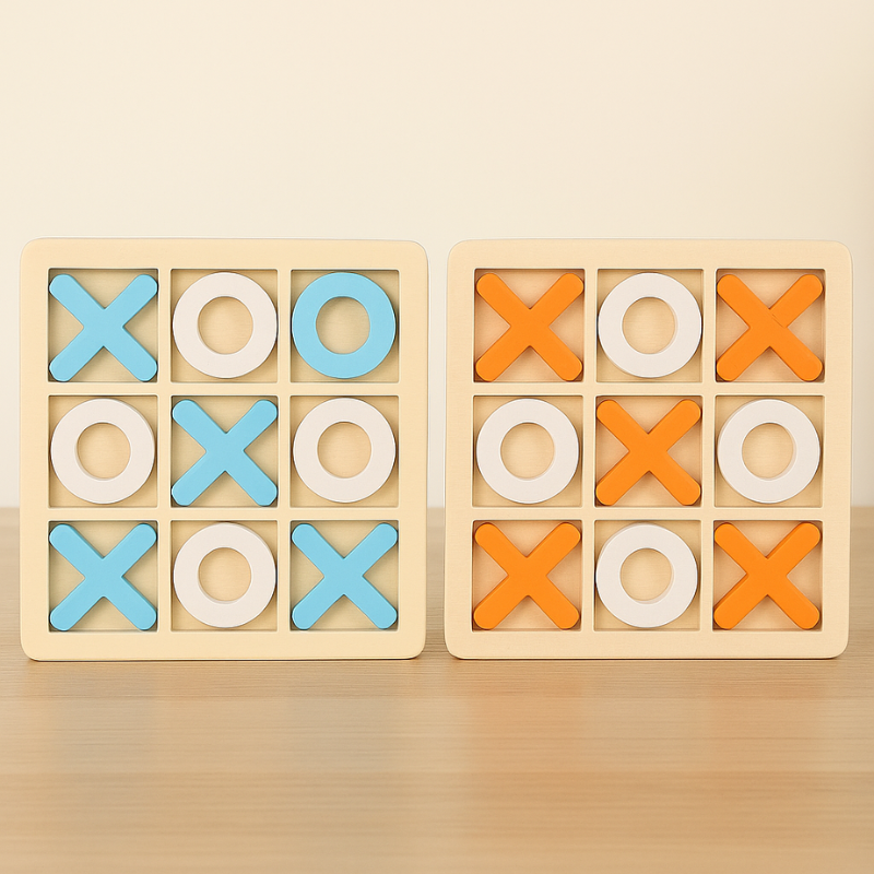 Unisex wooden Tic-Tac-Toe strategy game, perfect for kids and family fun, promoting logical thinking and screen-free play.