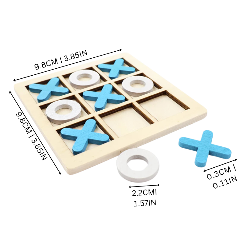 Close-up of the wooden Tic-Tac-Toe board game with X and O pieces, an educational toy for memory challenge and strategy.