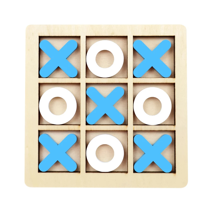Family playing the wooden Tic-Tac-Toe strategy board game together, highlighting screen-free entertainment and bonding time.
