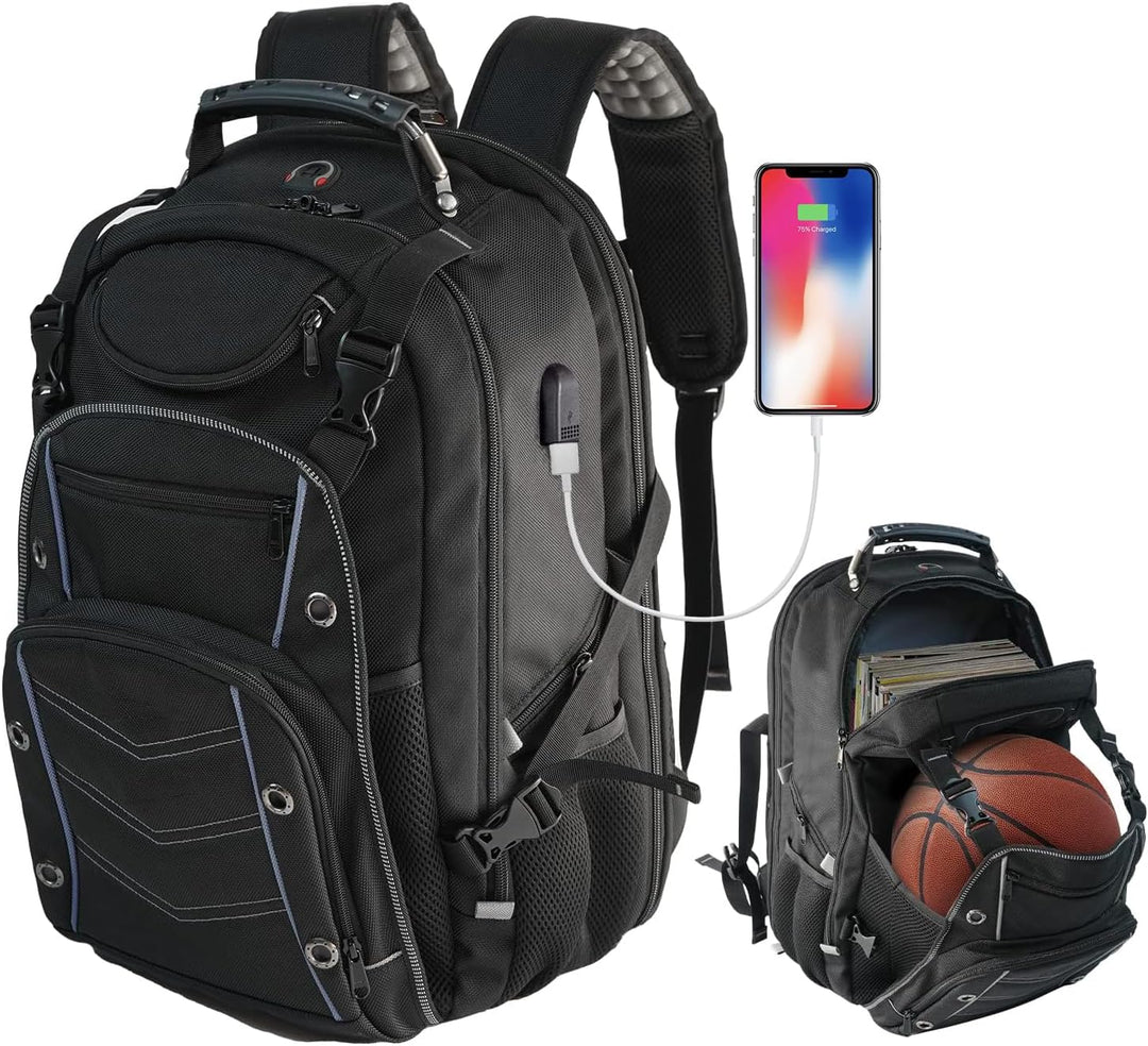 Unisex XL travel backpack with USB charging port & RFID security pocket. Large capacity, water-resistant for durable travel.