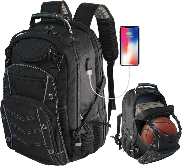 Unisex XL travel backpack with USB charging port & RFID security pocket. Large capacity, water-resistant for durable travel.