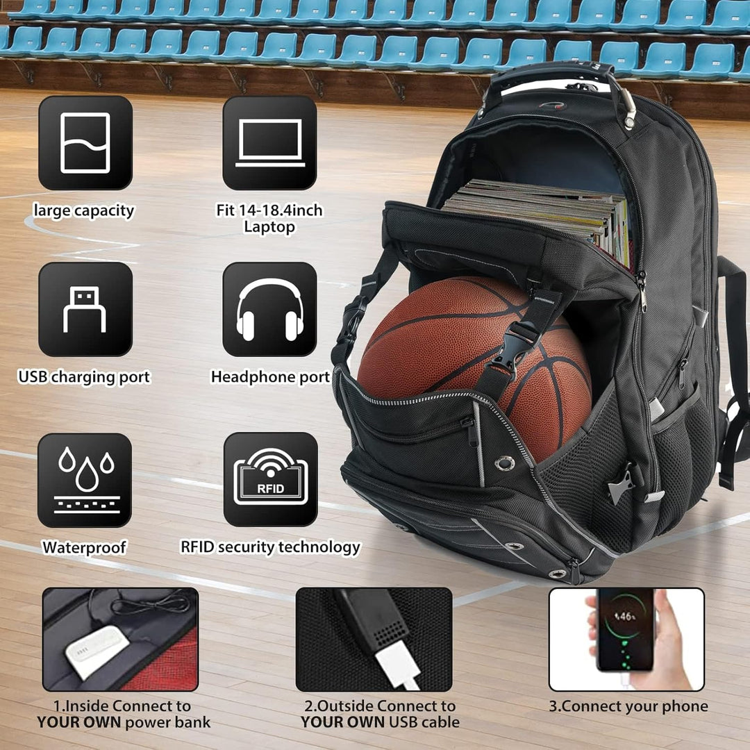 Spacious unisex travel backpack's main compartment, showing laptop sleeve, organizational pockets for school or commute.