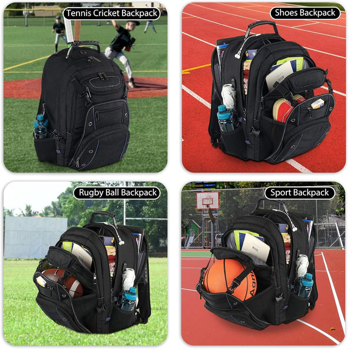 Close-up of the unisex XL travel backpack's external USB charging port, perfect for students & commuters.