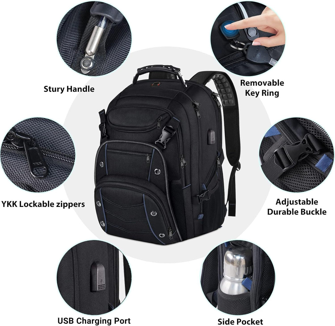 Side view of the carry-on compatible travel backpack, featuring water bottle pocket & durable, water-resistant fabric.