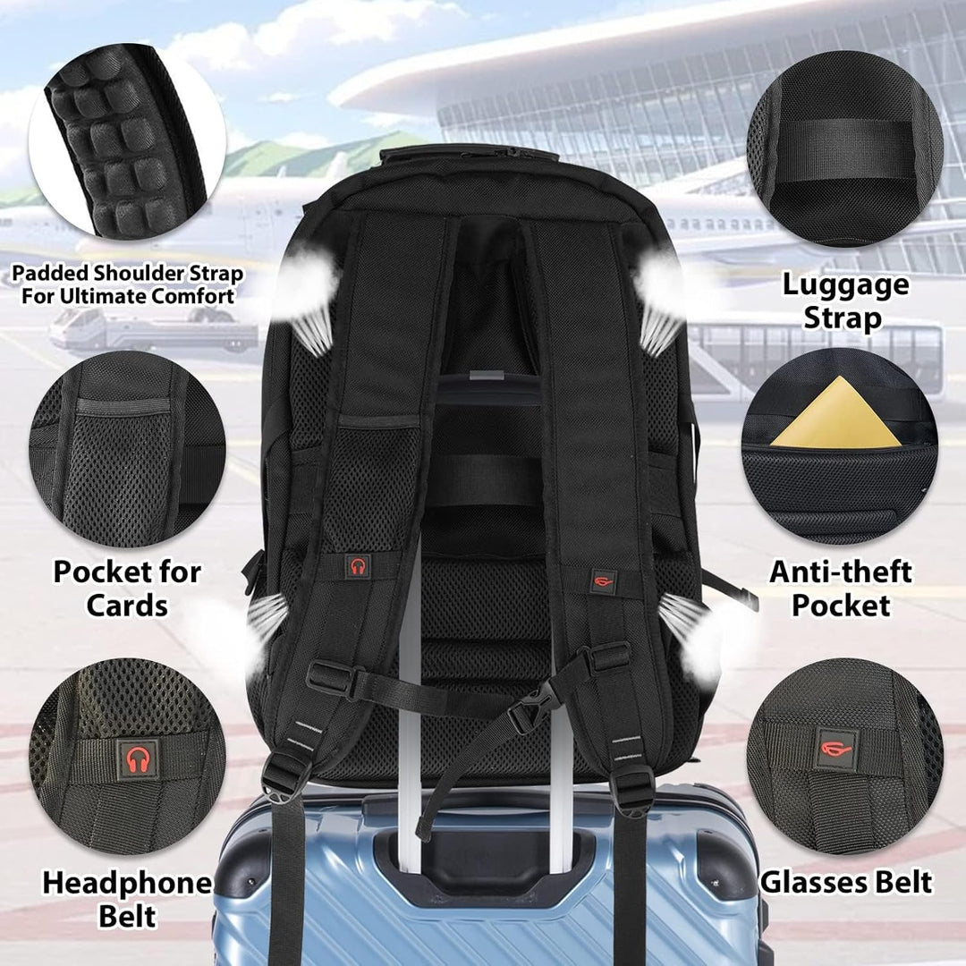 Ergonomic back panel & padded shoulder straps of the unisex travel backpack, designed for comfortable all-day wear.