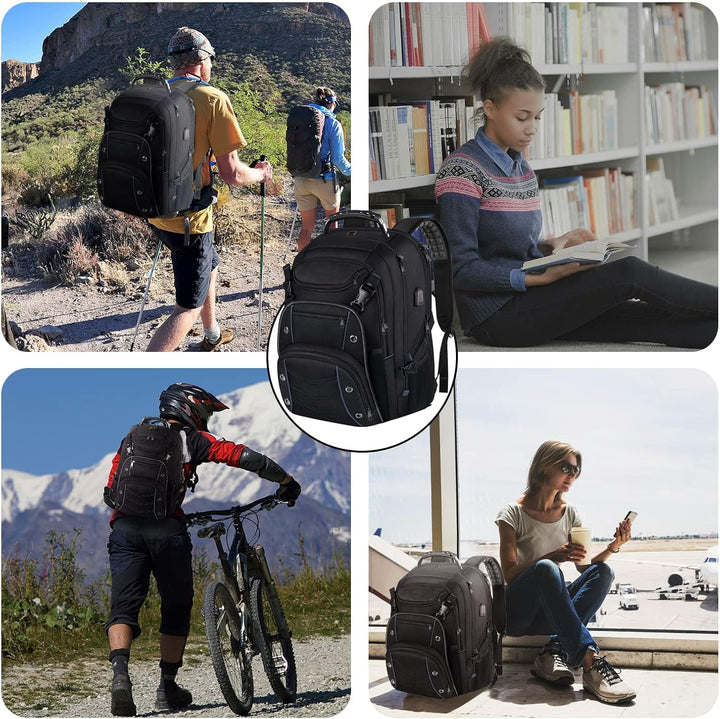 Unisex XL travel backpack worn by a traveler in an airport, highlighting its carry-on size, durability & large capacity.