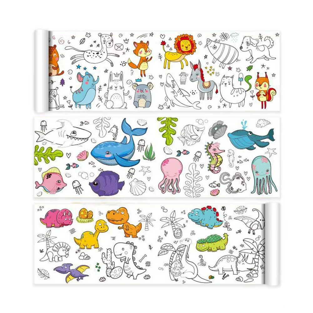 Large self-adhesive coloring roll for kids' drawing and creative play; promotes fine motor skill development