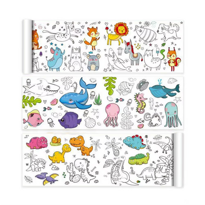 Large self-adhesive coloring roll for kids' drawing and creative play; promotes fine motor skill development