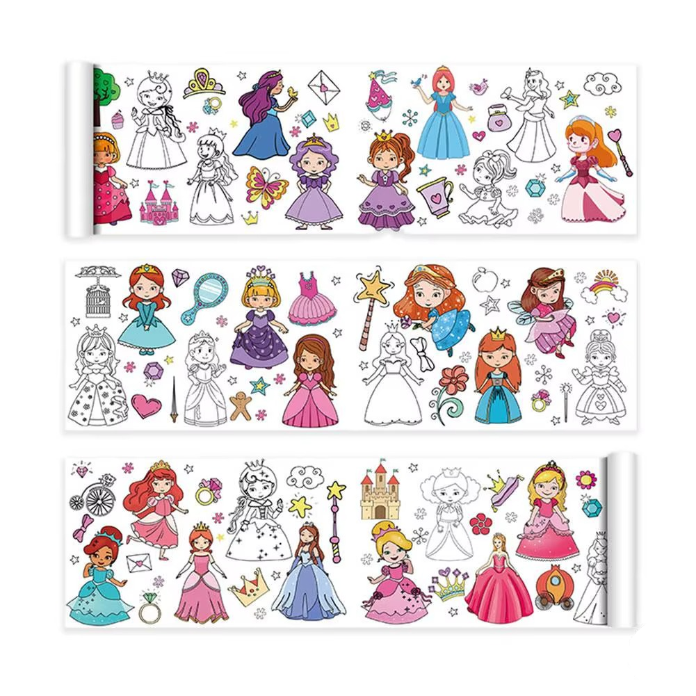 Children using a self-adhesive coloring roll, an educational drawing kit for creative fun and motor skill growth