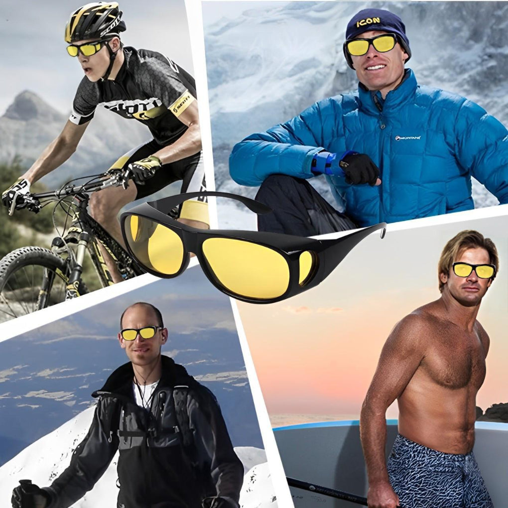 Yellow tint anti-glare driving glasses. Perfect for night driving, reducing glare & improving vision. Unisex car accessory.