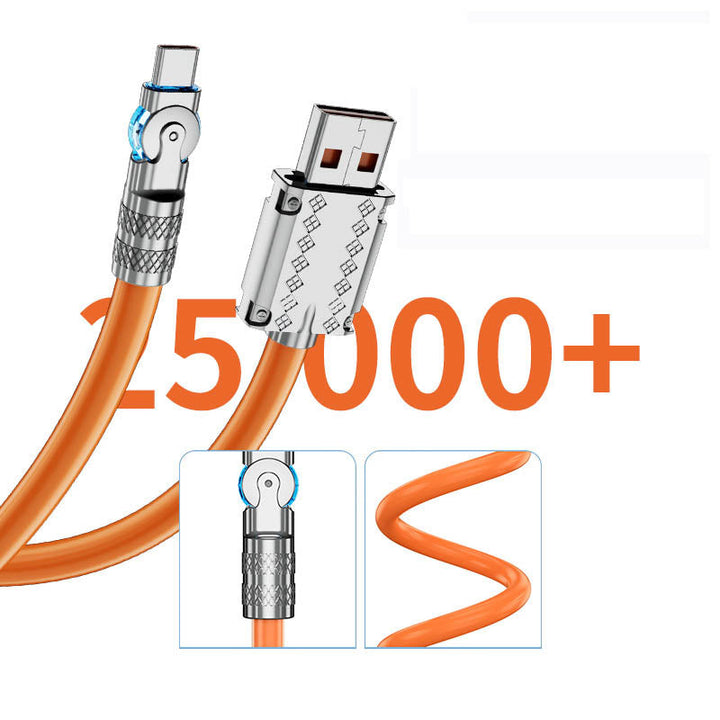 Universal 120W fast charging data cable with 180° rotating Type-C/iPhone connector, durable & flexible.