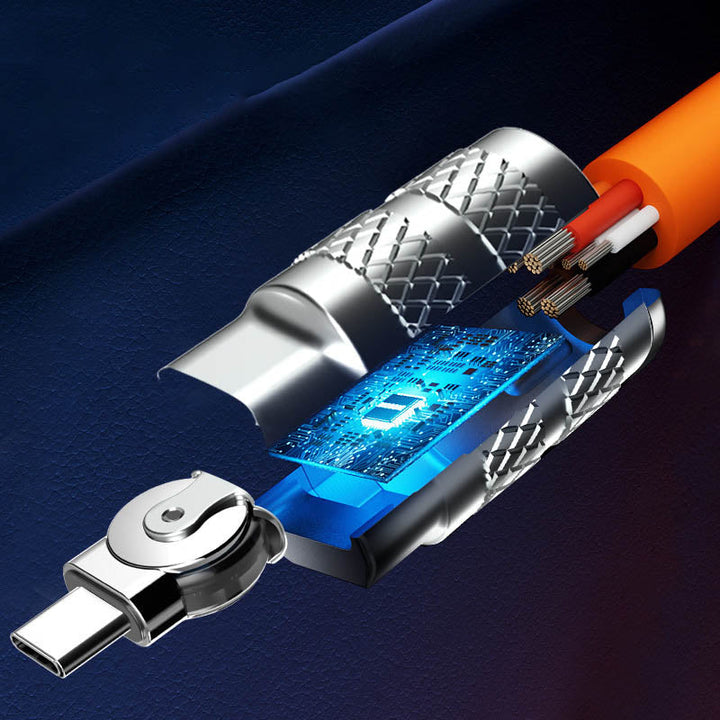 120W fast charging USB data cable for iPhone & Type-C devices, with 180° rotatable gaming design.