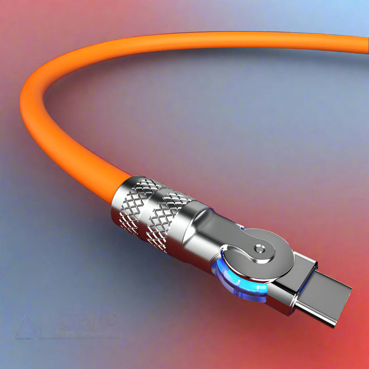 Flexible 120W USB charging cable for Type-C & iPhone, featuring a 180° rotatable connector.