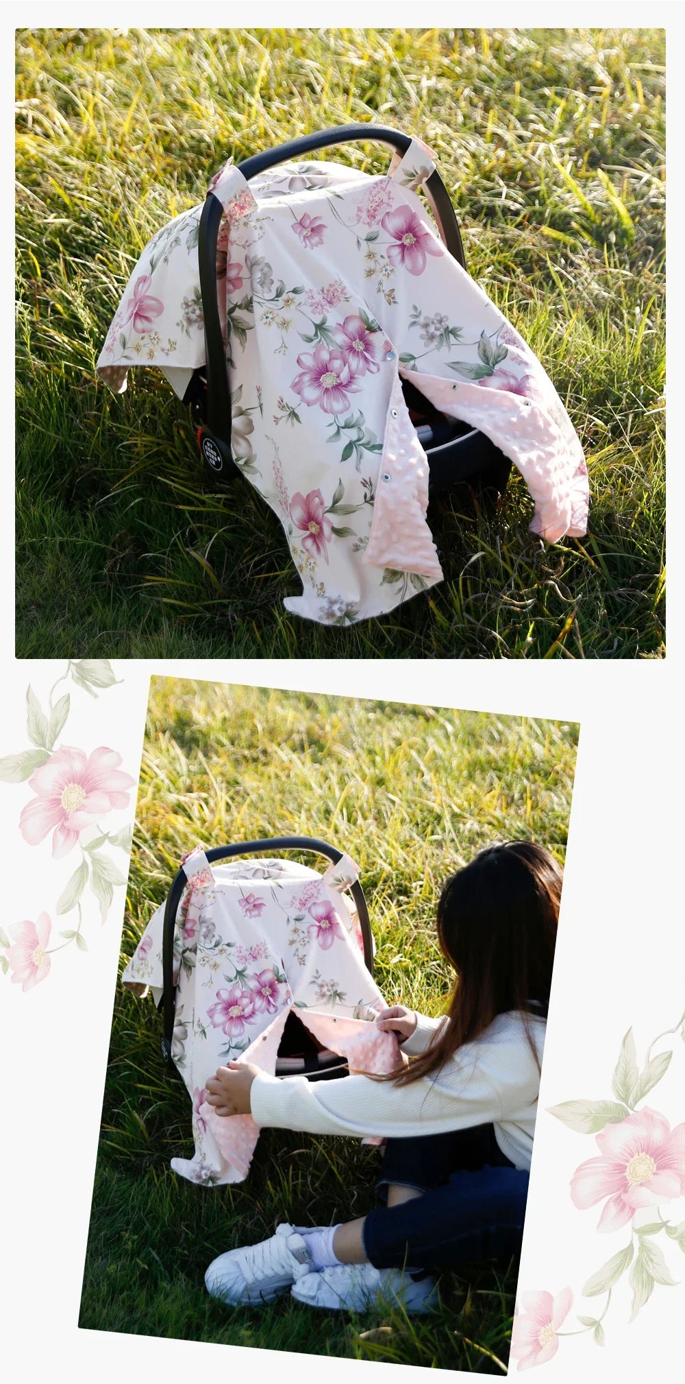 Rose pattern baby stroller sun & bug protection cover, easy-to-attach infant accessory.