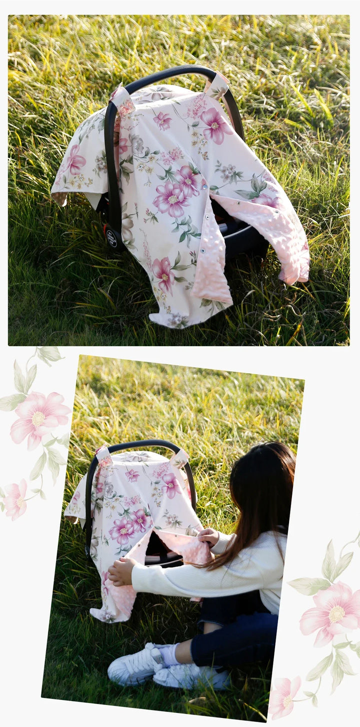 Rose pattern baby stroller sun & bug protection cover, easy-to-attach infant accessory.