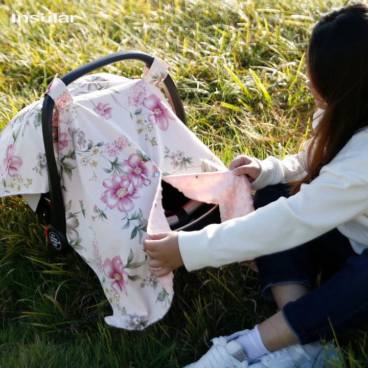 Rose print cotton stroller sunshade and mosquito net for universal baby travel protection.