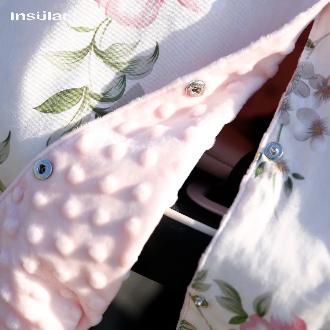 Infant stroller sun & bug protection: a universal cotton cover with integrated mosquito net.