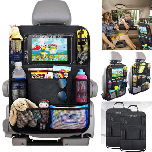 Universal backseat car organizer with tablet holder, multiple pockets, and drink holders for kids' car storage