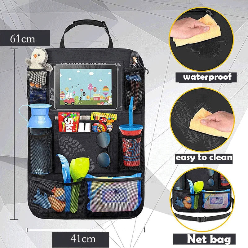 Waterproof car seat back organizer with clear tablet holder, ideal for family travel and auto accessories