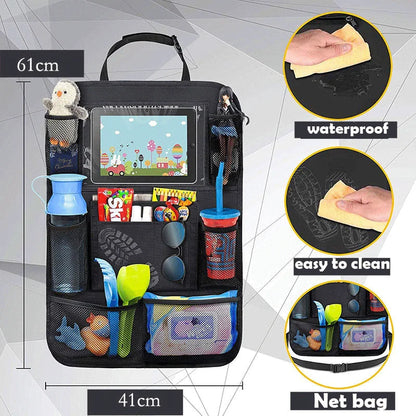 Waterproof car seat back organizer with clear tablet holder, ideal for family travel and auto accessories