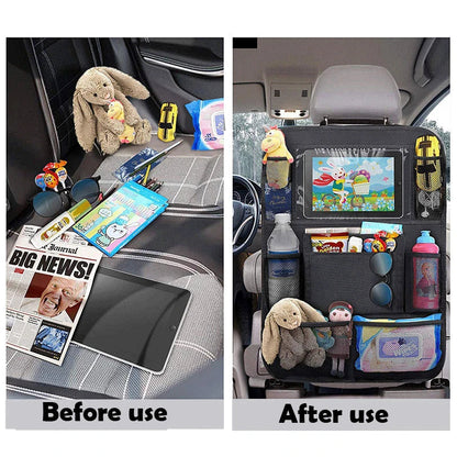 Kid-friendly backseat car organizer with adjustable straps, tablet slot, and ample storage for toys and snacks