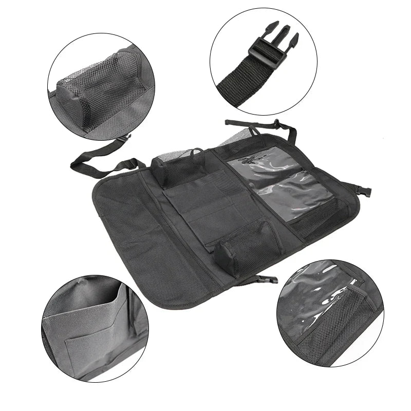 Black backseat car organizer offering practical storage and entertainment for passengers, universal fit