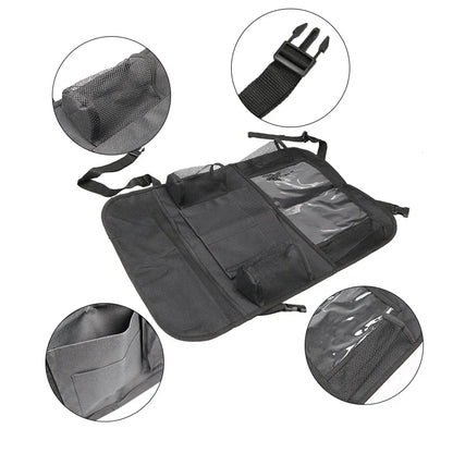 Black backseat car organizer offering practical storage and entertainment for passengers, universal fit