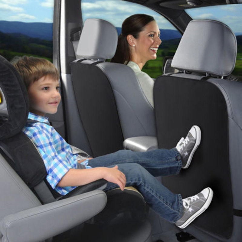 Kick mat for car seat back, universal fit, safeguards auto interior from kids' shoes, black