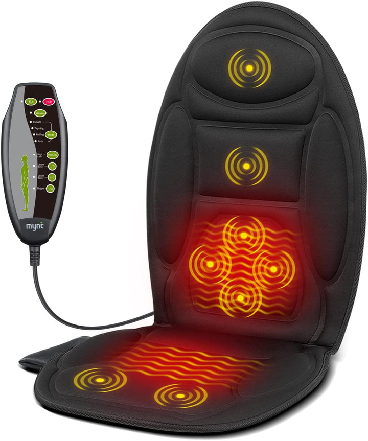 Universal heated massage seat cushion for car & office chair, providing back & thigh comfort and stress relief.
