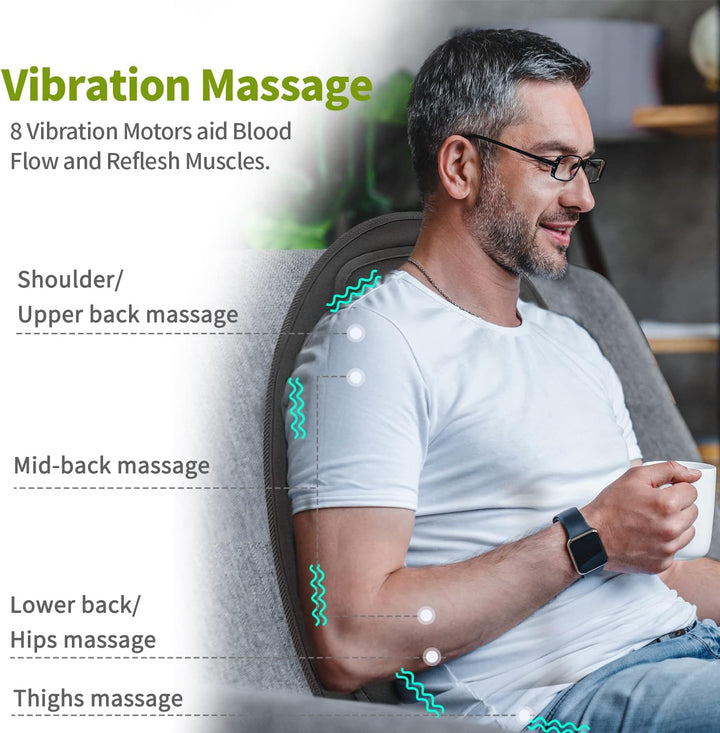 Heated massage seat cushion with vibrating nodes for back, lumbar, & thigh therapy in car or office.