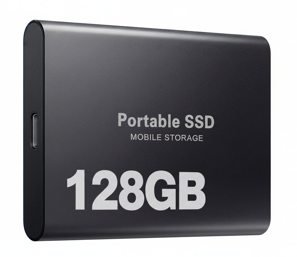 Universal 128GB SSD external drive, compact tech for lightning-fast data transfer.
