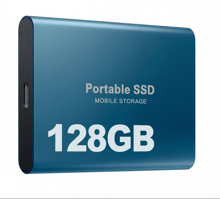 Portable 128GB external SSD connected to a laptop, showcasing compact fast storage.