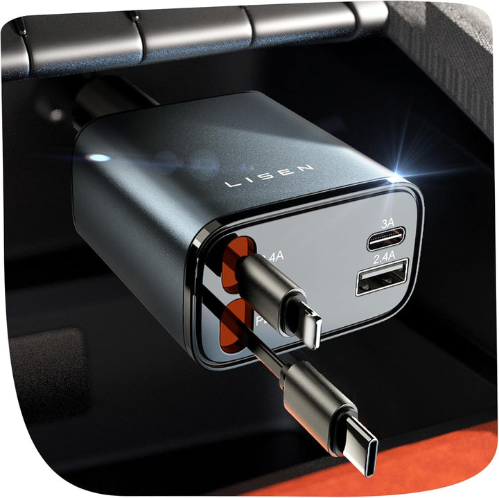 Universal retractable USB-C car charger with 69W fast power for phones & tablets.