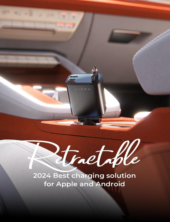 Premium retractable USB-C car charger, 69W fast charging for all compatible mobile devices.