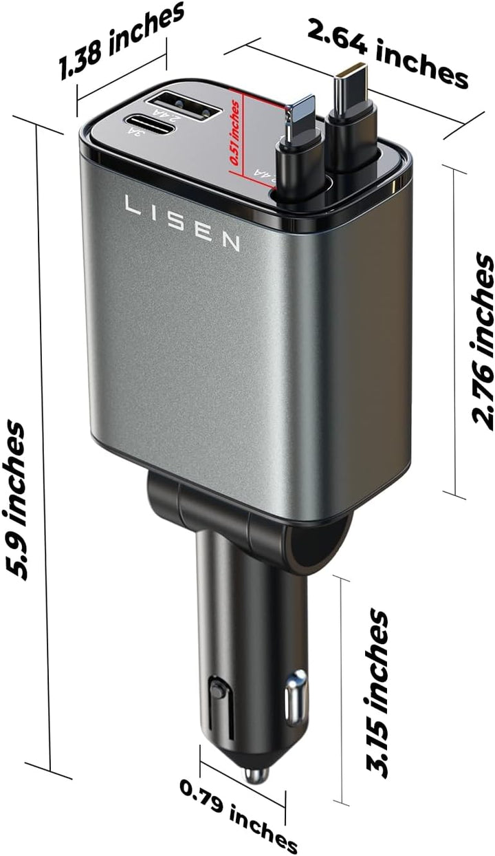 Efficient 69W USB-C retractable car charger, providing quick power for smartphones & devices.