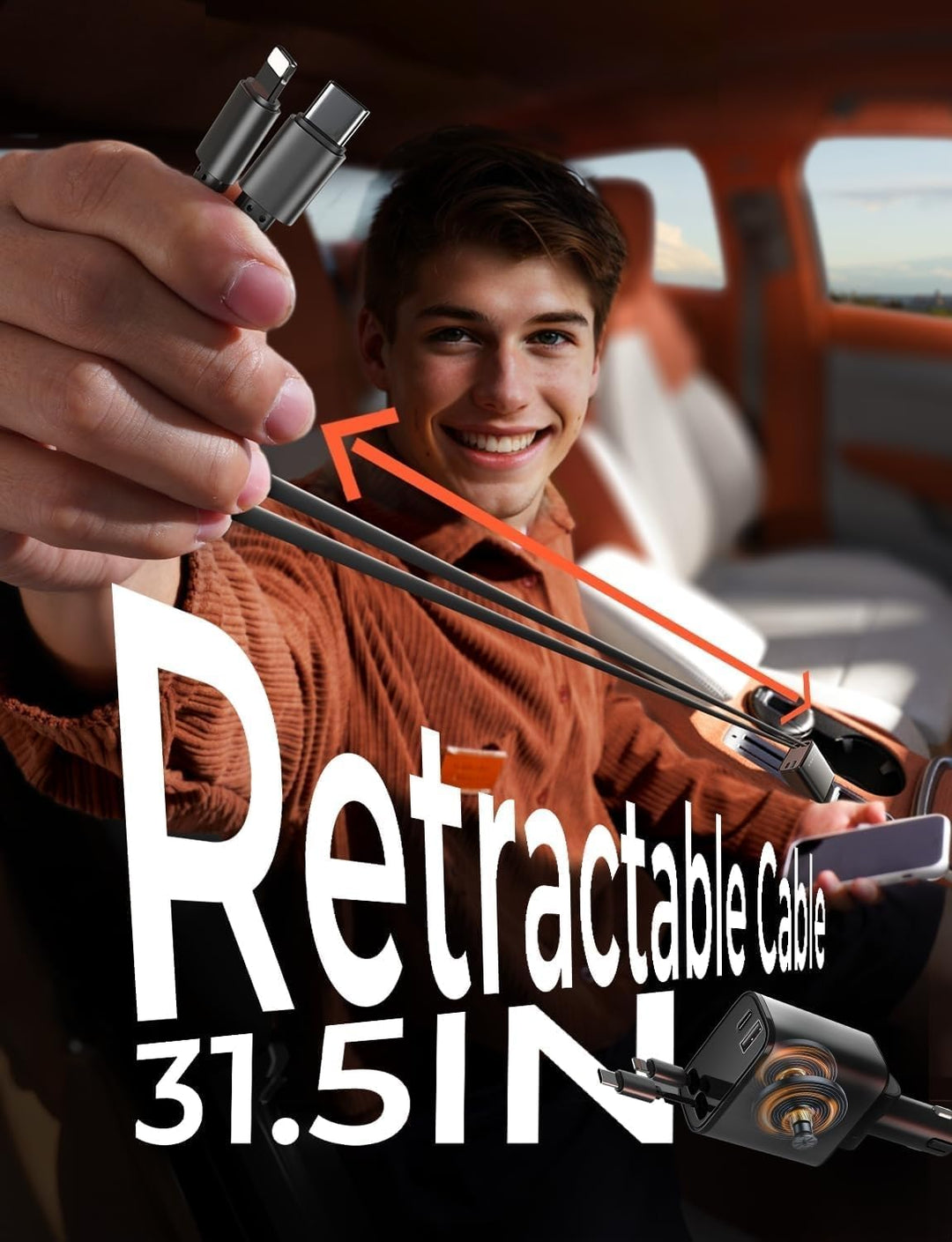 In-car fast charger: 69W USB-C retractable cable, perfect for phones & tablets on the go.