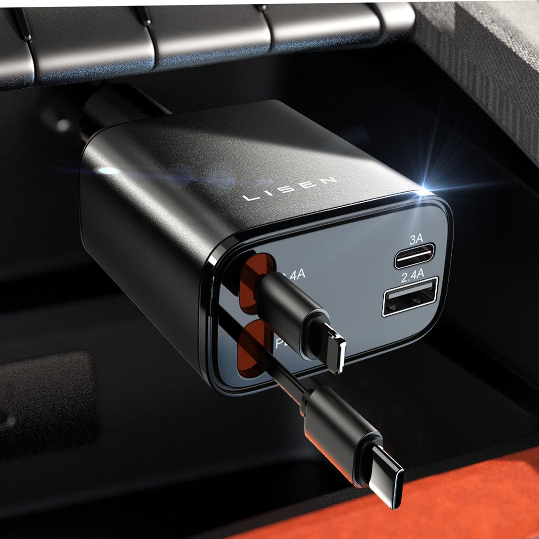 Retractable USB-C car charger, delivering 69W fast power for efficient mobile device charging.