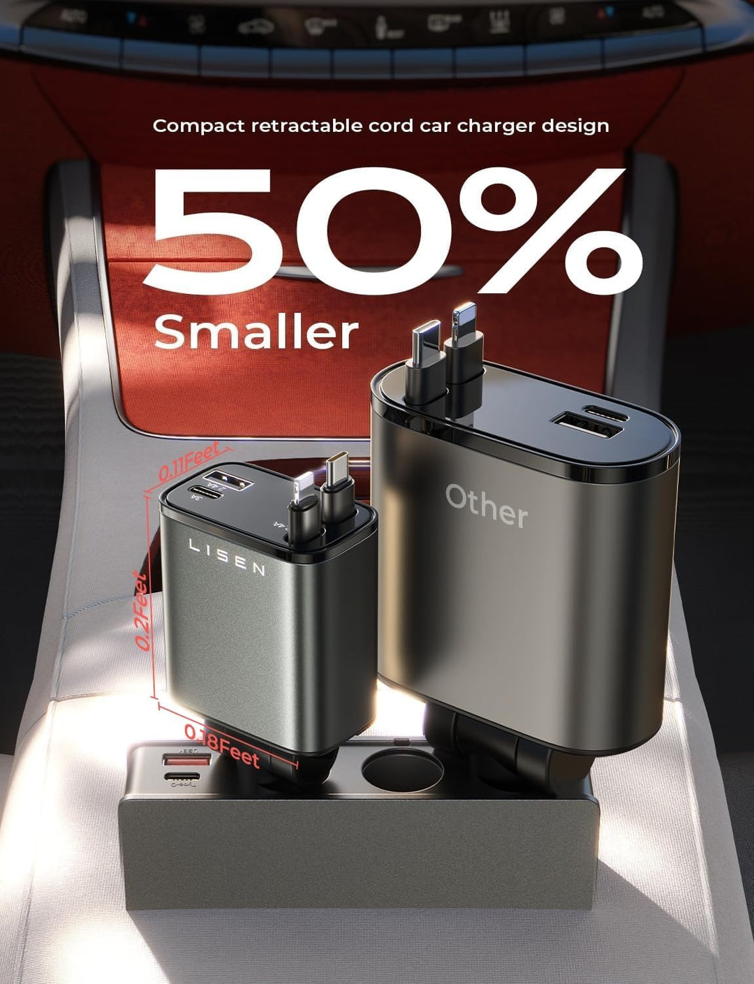 Sleek auto accessory: universal 69W USB-C car charger with convenient retractable cable.