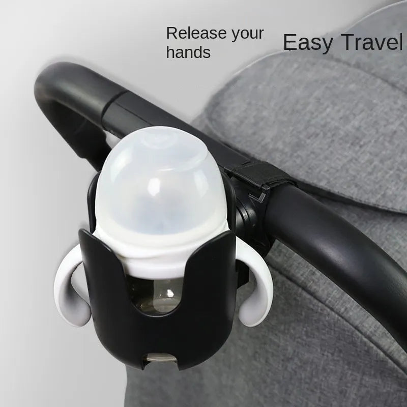 Sturdy black universal cup holder for infant strollers, holds multiple drink sizes.